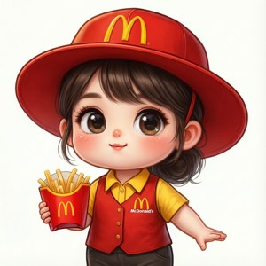 Un simpatico cartone chibi di un dipendente McDonald's in uniforme