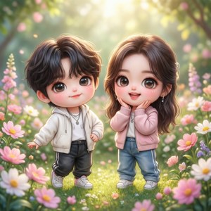 Kawaii Kpop Chibis in einem pastellfarbenen Blumengarten Hintergrund.