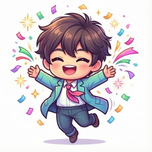 Chibi-jongen in pak springend met confetti en vonken om hem heen.