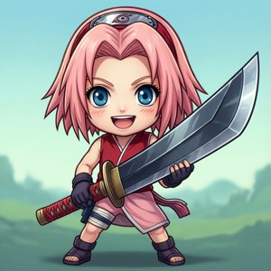 Chibi anime ninja girl with pink hair and blue eyes holding a large sword. — Sakura Haruno Picture