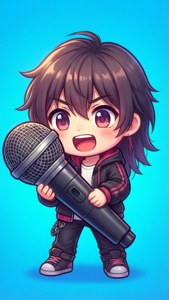 Niedlicher Chibi-Freund mit übergroßem Mikrofon auf hellem Hintergrund.