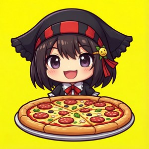 Chibi C.C. håller glatt en stor pizzabit i kawaii-stil.