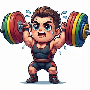 Söpö chibi-sarjakuvapainonnostaja, joka kamppailee ylisuuren tangon kanssa