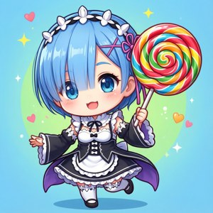 Wallpaper chibi imut Rem dengan lolipop
