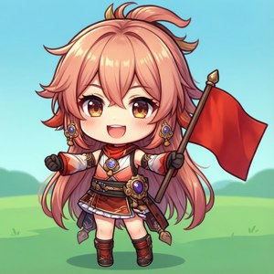 En söt chibi-version av Hikari Horaki som håller en röd flagga, med ljusa färger.