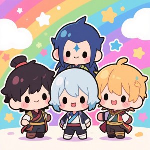 Four cheerful chibi anime characters under a rainbow with stars and clouds. — That Time I Got Reincarnated As A Slime Wallpaper
