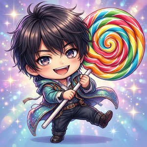 Söt chibi-version av Takuma Ichijo med en klubba i pastellfärger