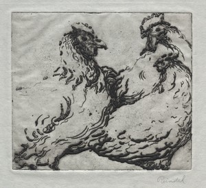 Chickens by William George Reindel, created 1910s, in drypoint. Download this artwork as a high-resolution wallpaper for desktop, tablet, or mobile. — William George Reindel Wallpaper