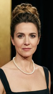 En kvinne med en elegant chignon-frisyre, formell kveldsantrekk.