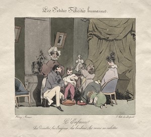 Childhood by Henry Bonaventure Monnier, created 1800s, in color lithograph. Download this artwork as a high-resolution wallpaper for desktop, tablet, or mobile. — Henry Bonaventure Monnier Wallpaper