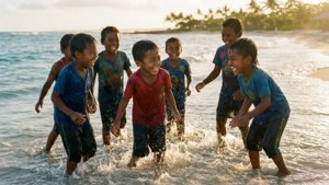 Children playing in ocean waves at sunset on a tropical beach. — Kiribati Background