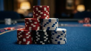 A stack of colorful Baccarat chips in pyramid formation on blue felt. — Baccarat Picture
