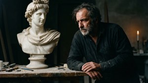 Dramatisk chiaroscuro-portræt af Jan Caramelli foran en ufærdig marmorstatue