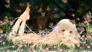 Anime girl with blonde hair lying in pink flowers surrounded by butterflies. — Chococat Picture