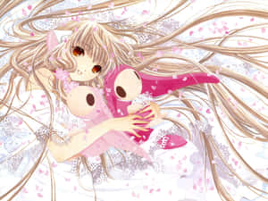 Anime girl with long hair hugging a pink plush toy surrounded by cherry blossoms. — Chococat Picture