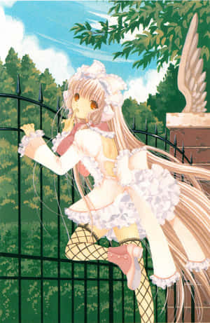 Anime girl in frilly dress climbing black fence in garden — Chococat Picture