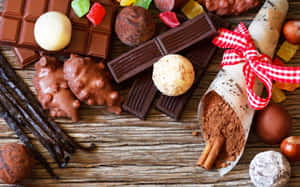 Assorted chocolates candies vanilla beans and spices on wooden table — Chocolate Wallpaper