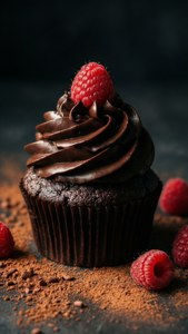 Et vann i munnen-bakgrunnsbilde av en sjokoladecupcake med ganache og frisk bringebær.