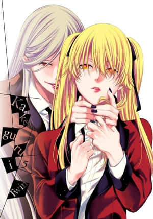 Two anime characters in school uniforms with blonde and silver hair.