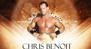 Wrestler Chris Benoit holding a championship belt against a fiery golden background.