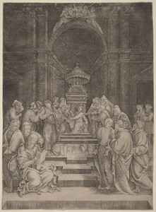 Christ Disputing with the Doctors by Master HFE, in engraving. Download this artwork as a high-resolution wallpaper for desktop, tablet, or mobile. — Master HFE Wallpaper