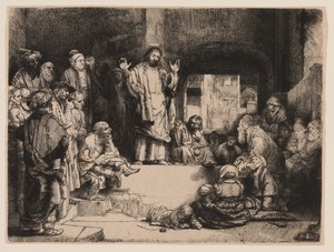 Christ Preaching by Rembrandt van Rijn, created c. 1657, in Etching, burin, and drypoint on ivory laid paper. Download this artwork as a high-resolution wallpap — Illustration Wallpaper