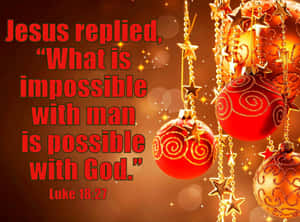 Red and gold Christmas ornaments with stars and a biblical quote about God's power. — Christmas Scripture Picture