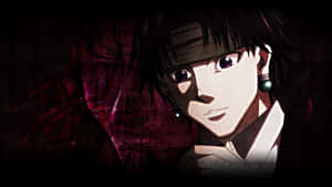 Anime character with black hair and purple eyes in dark red grunge background.