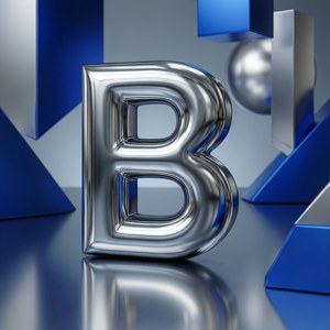 A 3D chrome B emoji on a reflective surface with abstract geometry.