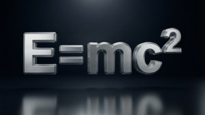 Letras 3D de cromo polido de E=mc^2 flutuando no vazio escuro