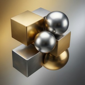 Minimalist abstract geometric shapes in polished chrome, with interlocking cubes and spheres and gold-to-silver gradient lighting.