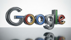 Skinnende krom 3D Google-logo på reflekterende overflate.