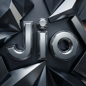 Un logo Jio cromato riflettente con forme geometriche.