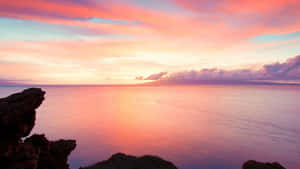 Sonnenuntergang über dem Meer mit pink-orangem Himmel und dunklen Felsen im Vordergrund — Ocean View Bilder Hintergrund Wallpaper