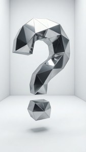 Render 3D low-poly de un signo de interrogación cromado flotando en vacío blanco con reflejos, abstracto moderno.