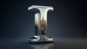 Ein glänzender Chrom-Buchstabe I, der eine Stadtsilhouette auf einem dunklen Farbverlauf reflektiert