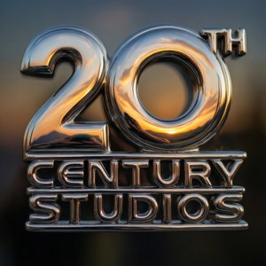 En polerad krom 20th Century Studios-logotyp som reflekterar ett solnedgångslandskap.