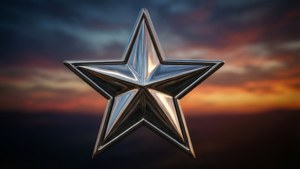 En skinnende chrome cowboys-stjerne, der reflekterer solnedgangsfarver, slank og moderne.