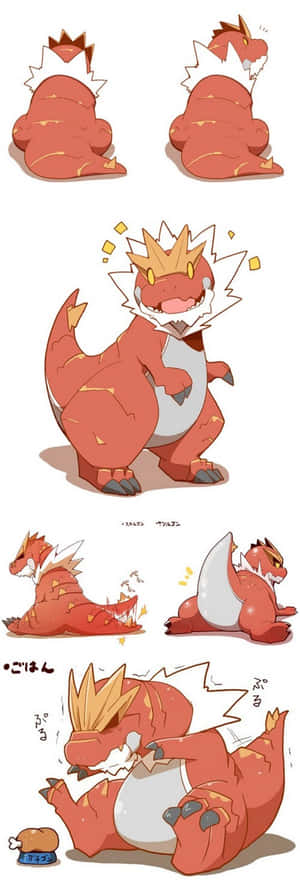 Ein roter Anime-Drache, der glücklich ein Stück Fleisch isst. — Pokemon Bilder