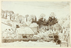 Churchyard by Henry Stacy Marks, created n.d., in Pen and brown ink on blue wove paper. Download this artwork as a high-resolution wallpaper for desktop, tablet — Illustration Wallpaper