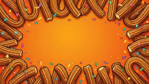 Festive churros border with colorful confetti on orange background