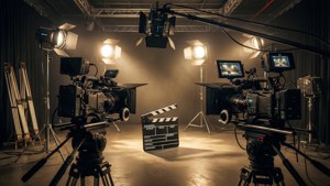 Uno studio professionale di produzione cinematografica con telecamere e attrezzature di illuminazione in illuminazione cinematografica