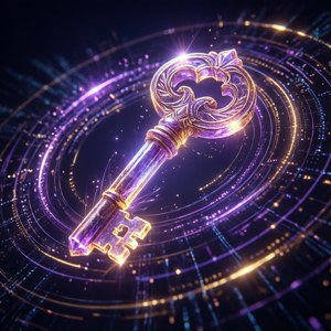 Kunci digital mistis yang bersinar dengan cahaya terenkripsi