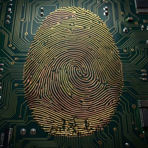 Forma di impronta digitale realizzata con tracce di circuito stampato, oro e rame, stile tech.
