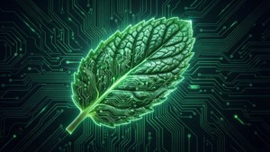 Uno sfondo tecnologico con motivi di circuiti verdi luminosi a forma di foglia di Peppermint OS.