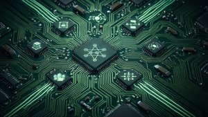 Tech wallpaper with circuit board and network icons in dark green.