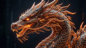 Dragon Kali Linux avec des motifs de circuit orange lumineux sur les écailles.