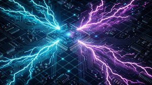 Motivi di raggi elettrici ciano e magenta su circuito scuro, griglia digitale, tecnologia futuristica