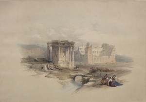 Circular Temple at Baalbec by David Roberts, created 1839, in color lithograph. Download this artwork as a high-resolution wallpaper for desktop, tablet, or mob — David Roberts Wallpaper