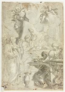 Circumcision by Ciro Ferri, created n.d., in Pen and brown ink, with brush and gray wash, over traces of graphite, on ivory laid paper, laid down on ivory laid — Ciro Ferri Wallpaper
